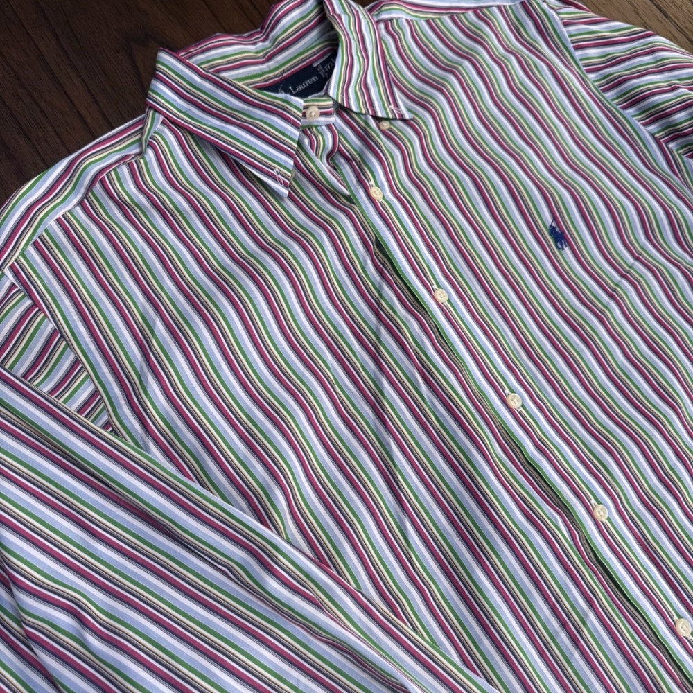 Ralph Lauren Classic Fit Mens XL Striped Button Down Shirt Green Purple Multi